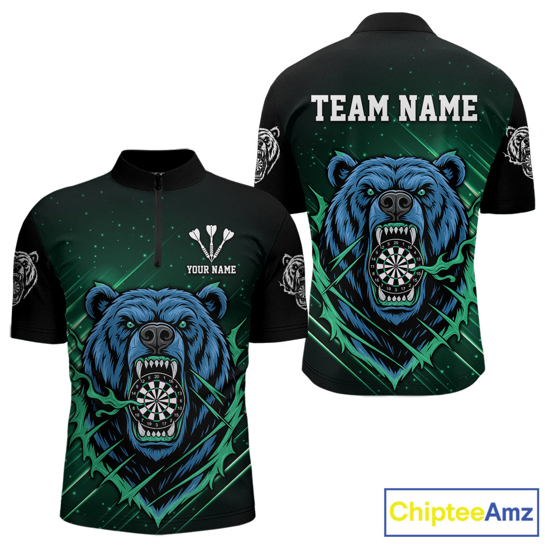 Custom Green And Blue Bear Dartboard 1/4-Zip Dart Shirt For Men Outfit Dart Team Jersey NYN1334
