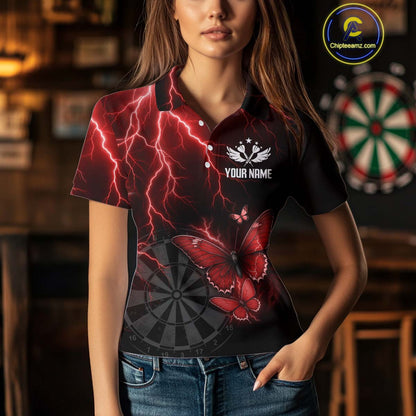 Custom Women's Polo Darts Shirt With Maroon Lightning & Glowing Butterfly, Darts Jersey NYN1019