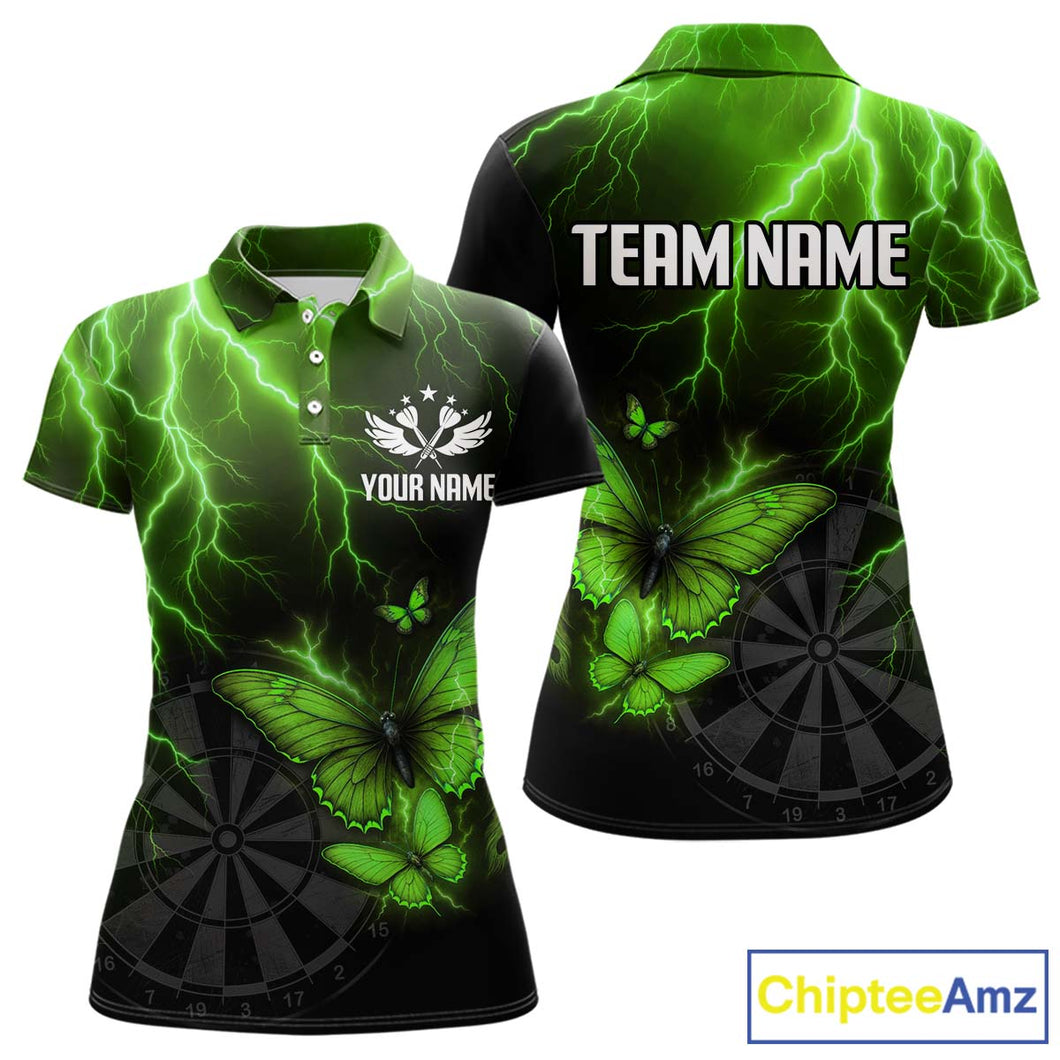 Custom Women's Polo Darts Shirt With Emerald Lightning & Glowing Butterfly, Darts Jersey NYN1021