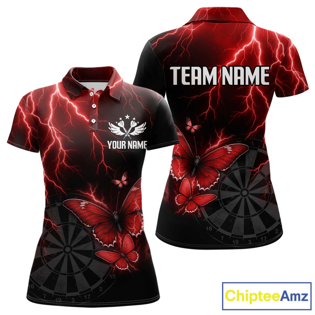 Custom Women's Polo Darts Shirt With Maroon Lightning & Glowing Butterfly, Darts Jersey NYN1019