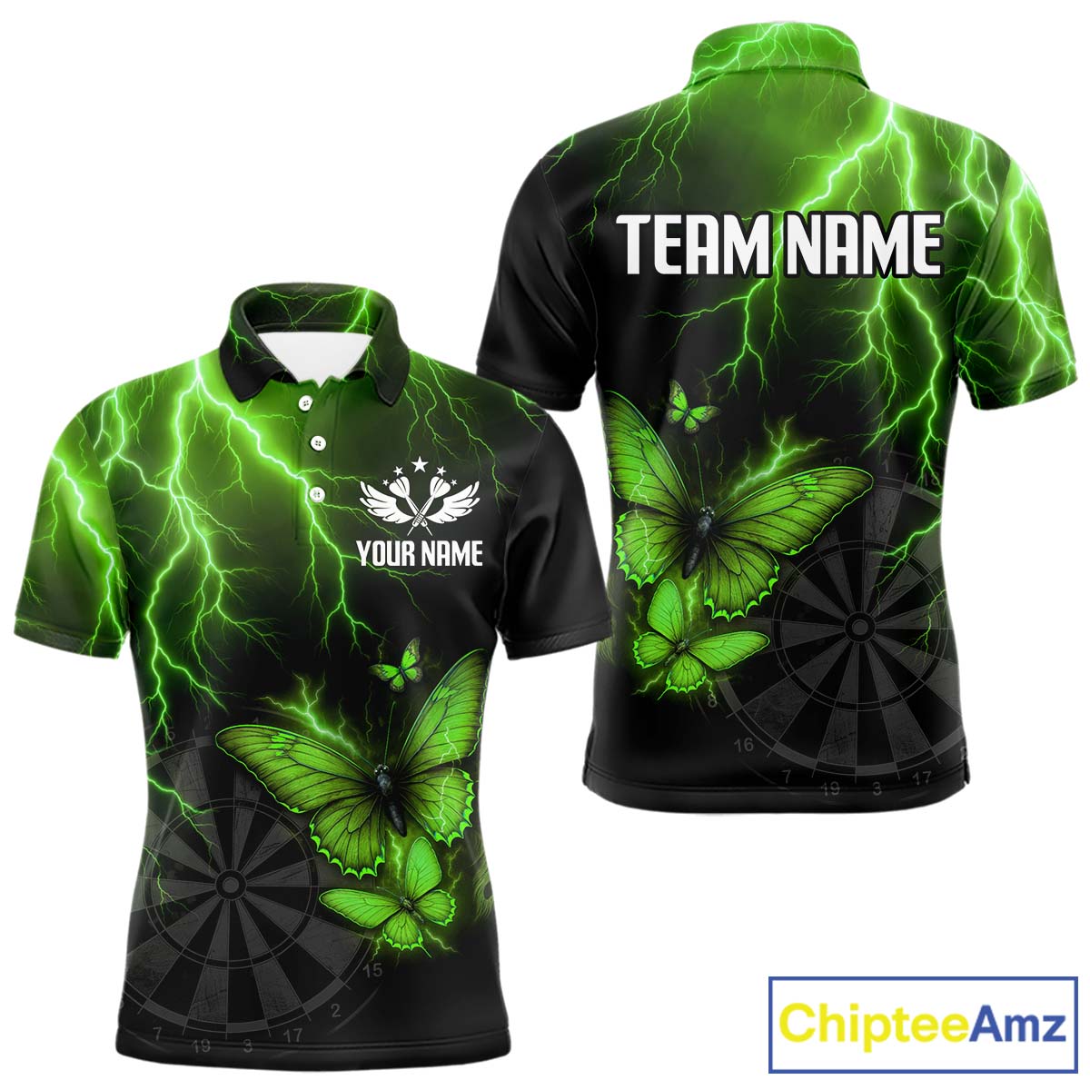 Custom Men Polo Darts Shirt With Emerald Lightning & Glowing Butterfly, Darts Jersey NYN1021