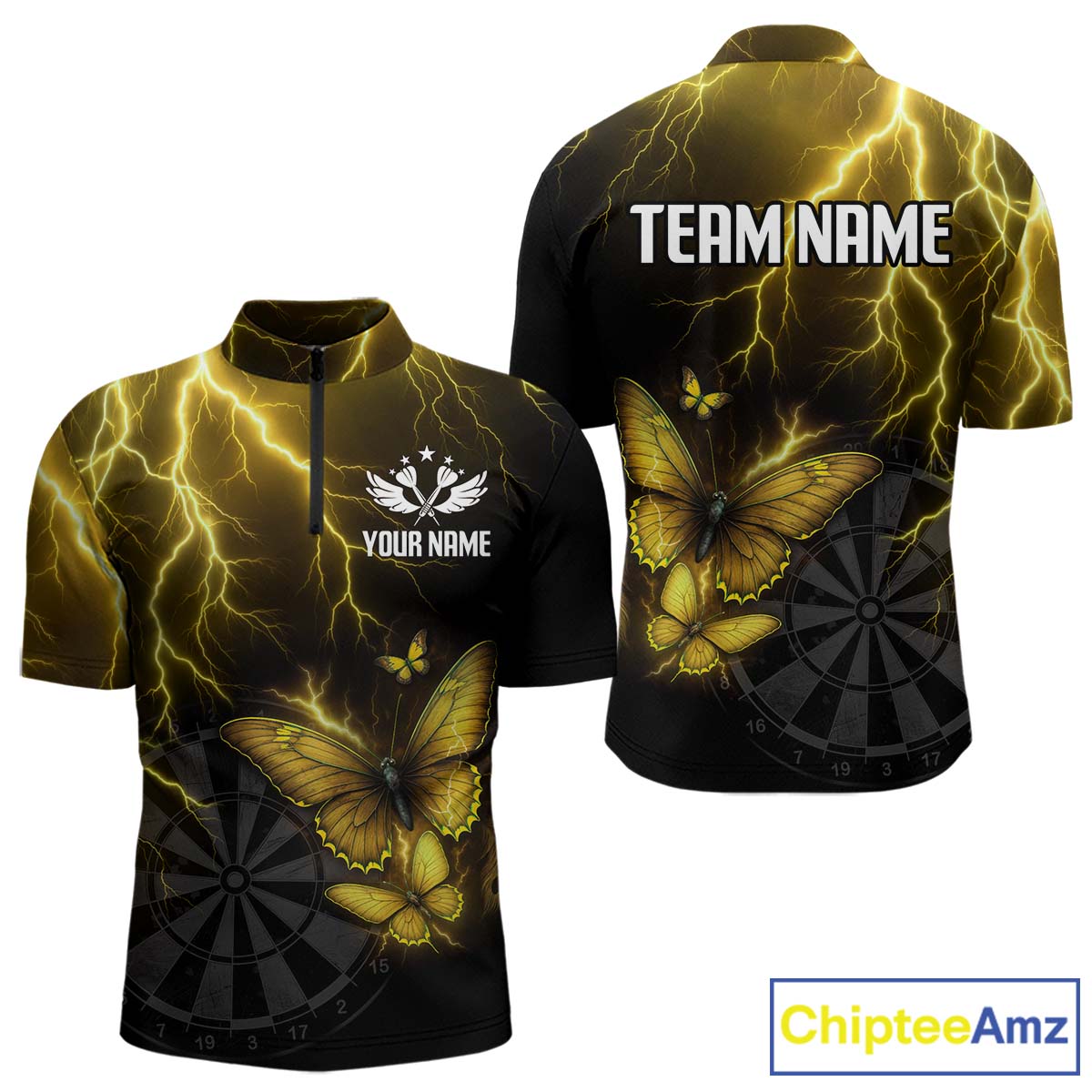 Custom Men 1/4-Zip Darts Shirt With Yellow Lightning & Glowing Butterfly, Darts Jersey NYN1020