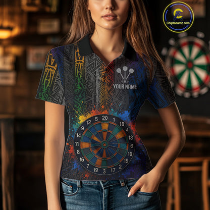Custom Women's Darts Shirt With Splashed Art Dartboard And Multi Color Pattern NYN0292