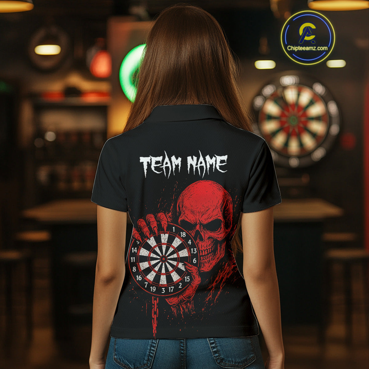 Custom Women's Darts Shirt With Blood Skull Holding Dartboard, Darts Jersey NYN0294