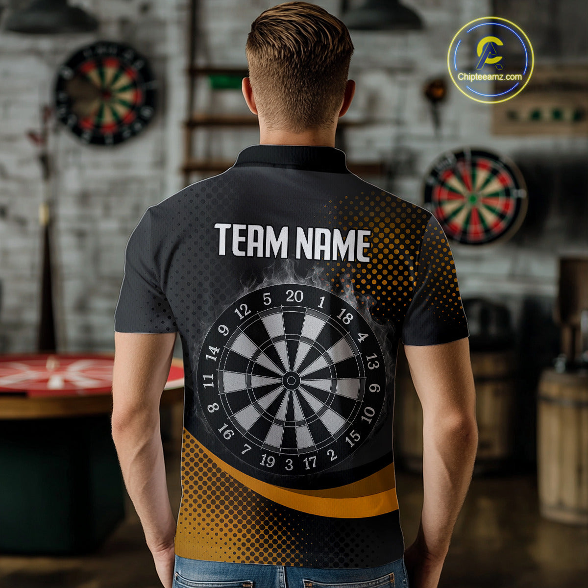 Custom Men’s Darts Shirt, Pearl Eagle With Yellow Halftone And Smoky Dartboard NYN0302