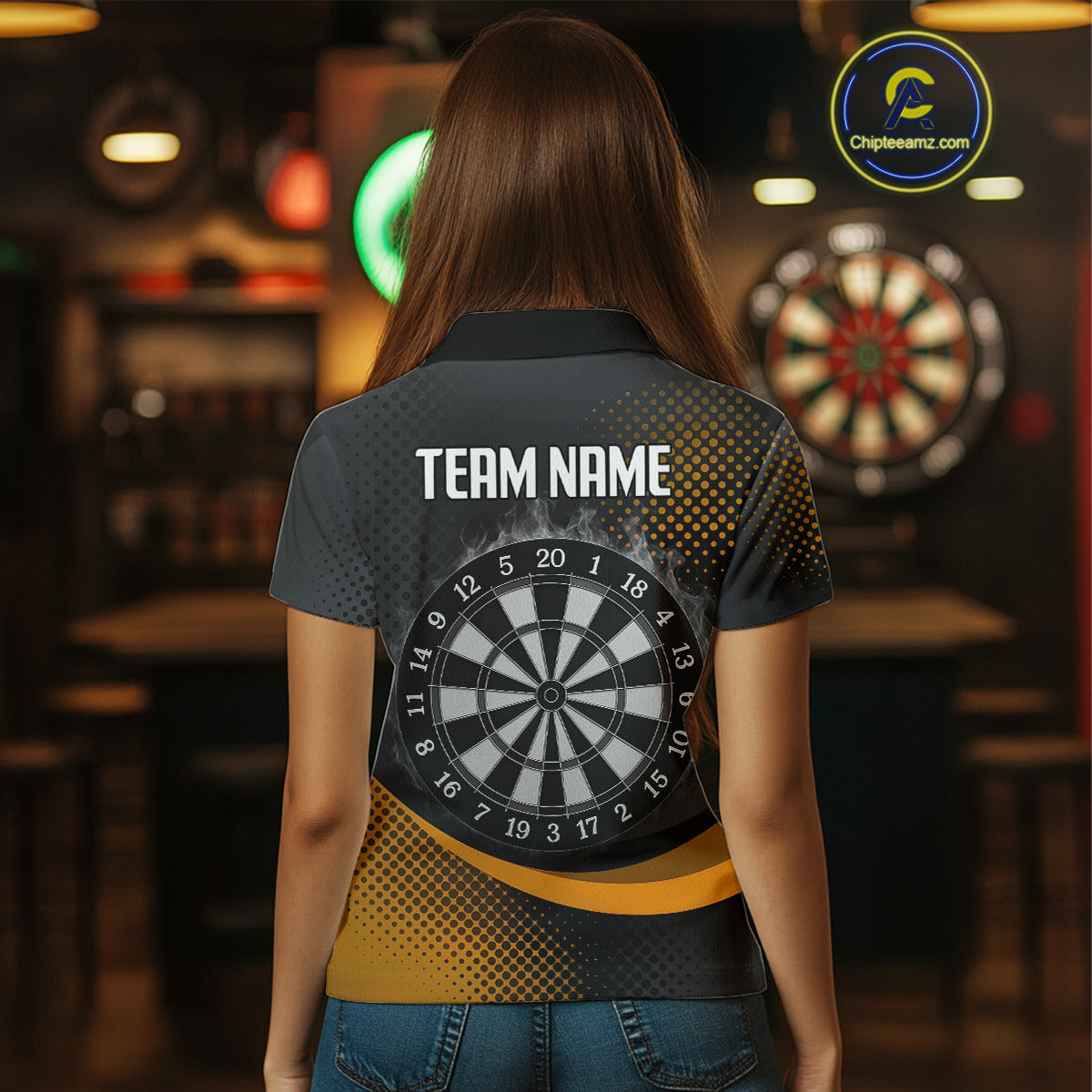 Custom Women’s Darts Shirt, Pearl Eagle With Yellow Halftone And Smoky Dartboard NYN0302