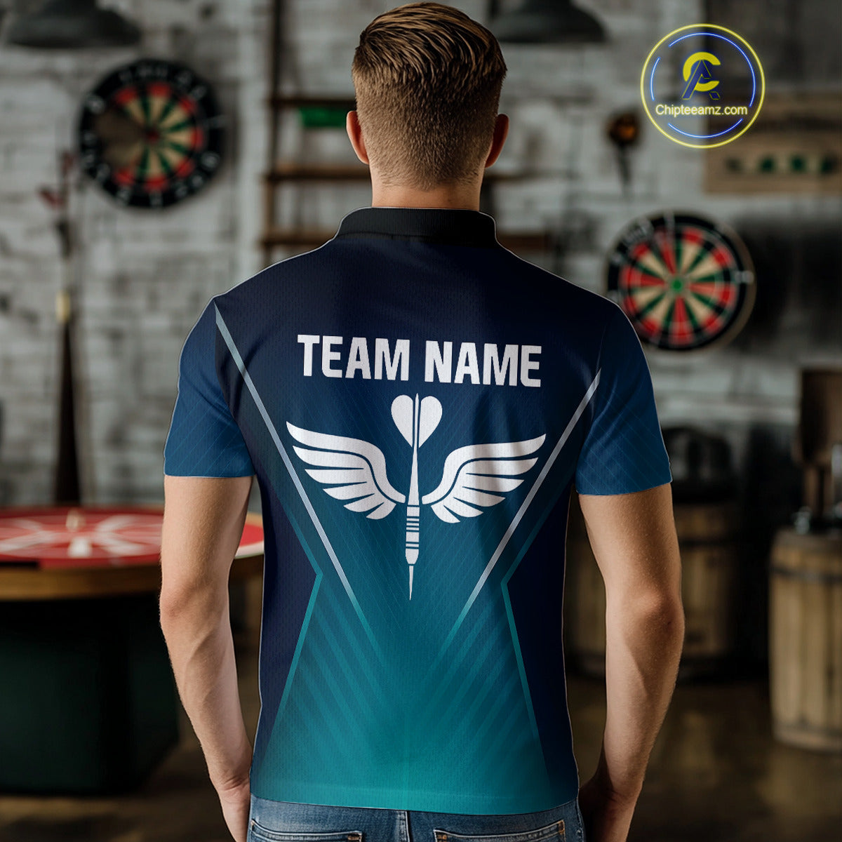 Men's Custom Darts Shirt - Crimson Wings Dart Arrrow With Gradient Blue Pattern NYN0328