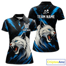 Load image into Gallery viewer, Women's Custom Darts Shirt - Ivory Panther With Dartboard &amp; Blue Grunge Pattern NYN0331