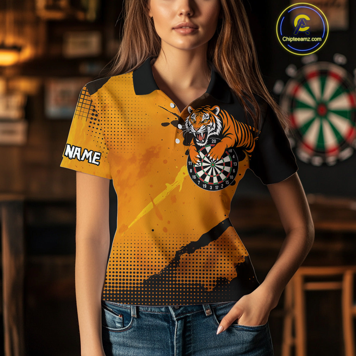Roaring Tiger Dartboard Shirt - Rust & Black Darts Jersey With Custom Name For Women NYN0336