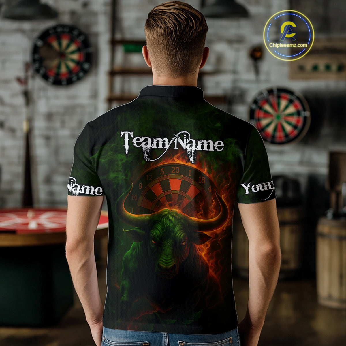 Orange Flaming Dartboard & Bull Darts Shirt For Men - Custom Name & Team Jersey NYN0607