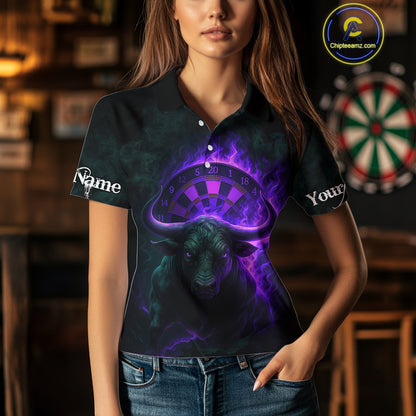 Purple Flaming Dartboard & Bull Darts Shirt For Women - Custom Name & Team Jersey NYN0606
