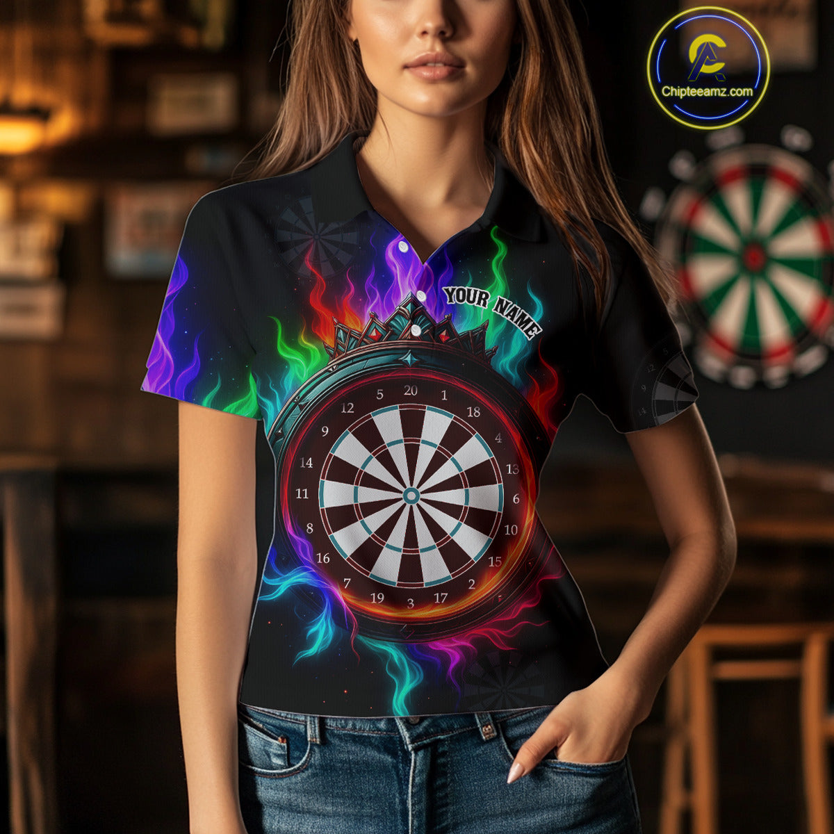 Multicolor Flaming & Red Dartboard Darts Shirt For Women - Custom Name & Team Jersey NYN0620