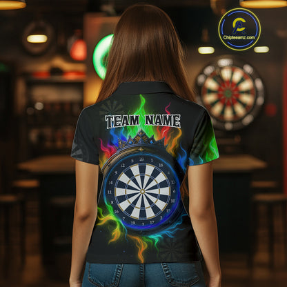 Multicolor Flaming & Blue Dartboard Darts Shirt For Wmoen - Custom Name & Team Jersey NYN0621