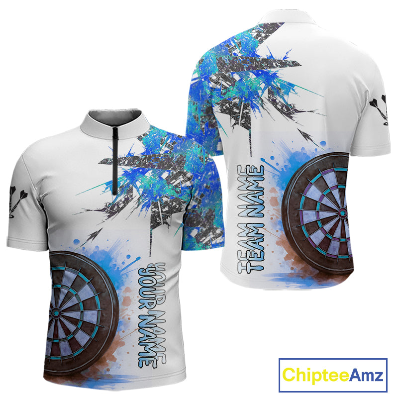 Custom Grey And Blue Splashed Dartboard Darts 1/4-Zip Shirt For Men Darts Team Jerseys NYN0947
