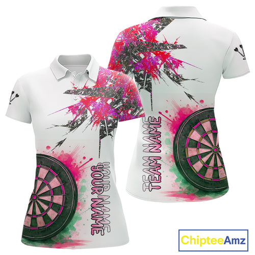 Custom Grey And Pink Splashed Dartboard Darts Polo Shirt For Women Darts Team Jerseys NYN0949