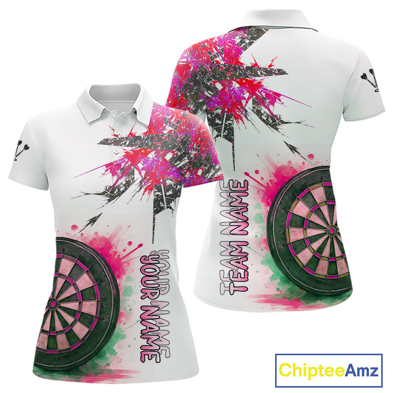 Custom Grey And Pink Splashed Dartboard Darts Polo Shirt For Women Darts Team Jerseys NYN0949