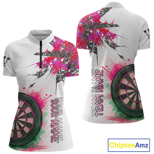 Custom Grey And Pink Splashed Dartboard Darts 1/4-Zip Shirt For Women Darts Team Jerseys NYN0949