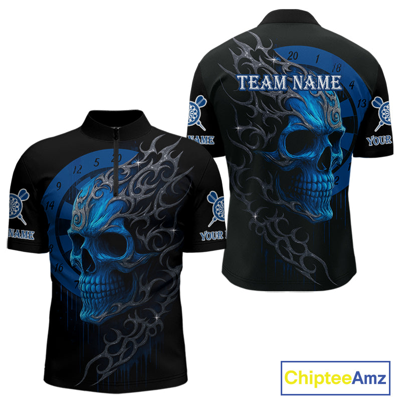 Custom Blue Skull Dartboard 1/4-Zip Dart Shirt Personalized Outfits Dart Jersey For Men NYN1316