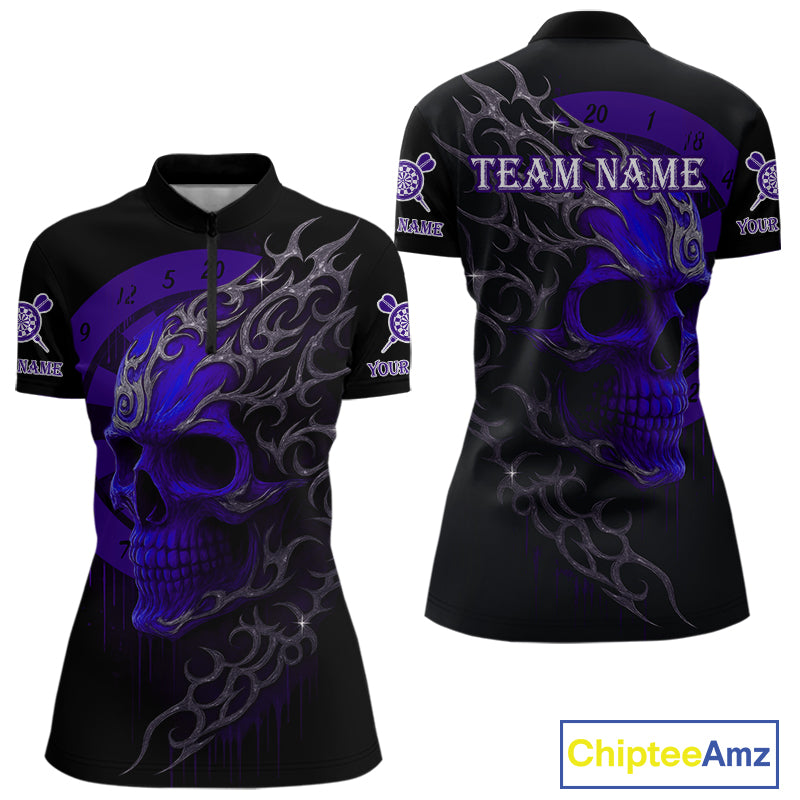 Custom Purple Skull Dartboard 1/4-Zip Dart Shirt Personalized Outfits Dart Jersey For Women NYN1318