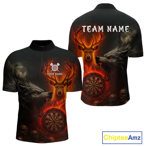 Custom Wolf Flaming Deer Dartboard 1/4-Zip Dart Shirt For Men Outfits Flame Dart Team Jersey NYN1313