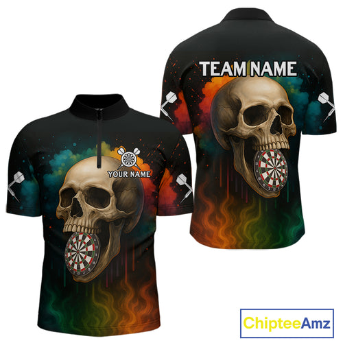 Custom Multi-Color Skull Dartboard 1/4-Zip Dart Shirt For Men Colorful Skull Dart Jerseys NYN1324