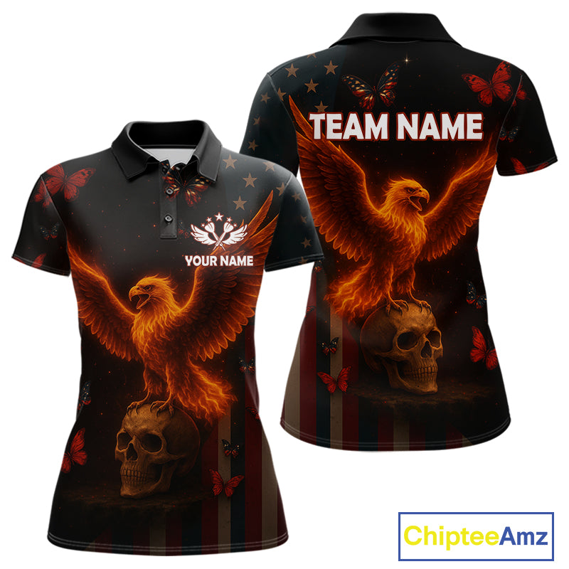 Custom US Flag Patriotic Polo Dart Shirt For Women Flame Eagle Skull Dart Jersey NYN1331