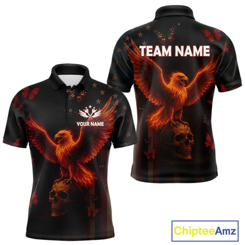 Custom US Flag Patriotic Polo Dart Shirt For Men Flame Eagle Skull Dart Jersey NYN1331