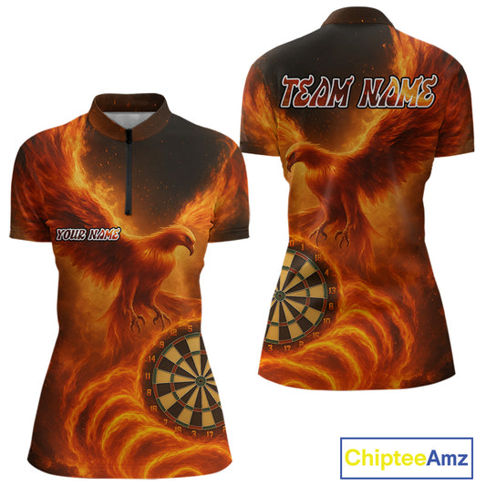 Custom Orange Flames Phoenix Dartboard Darts Jersey Personalized Darts 1/4-Zip Shirt For Women NYN0969