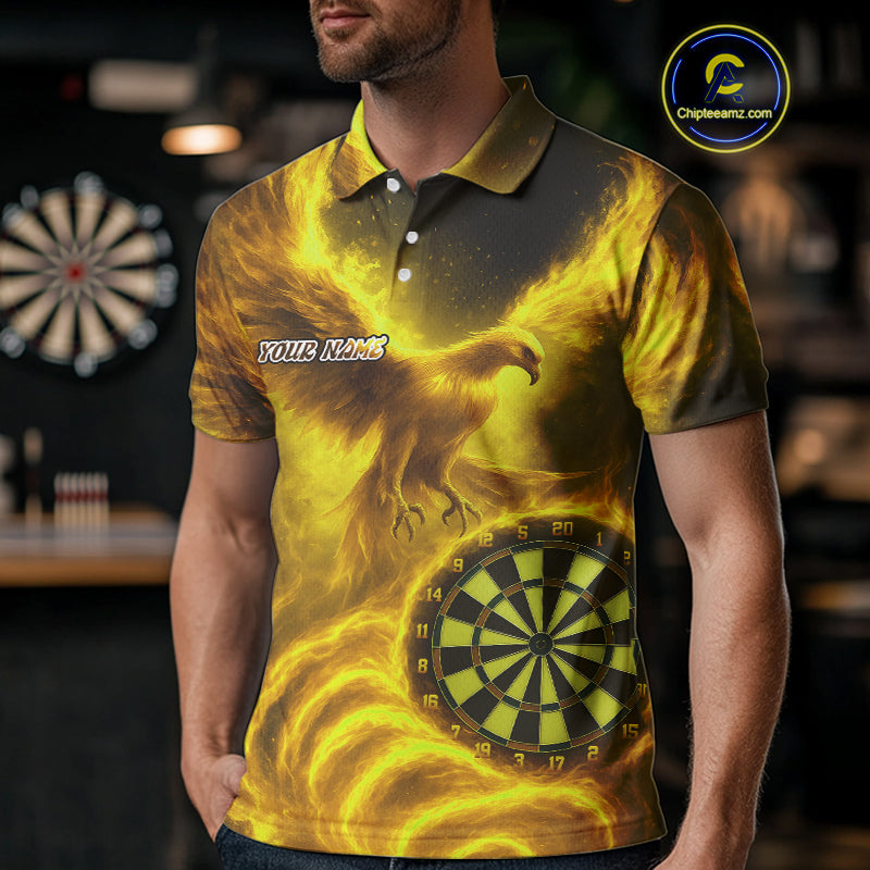 Custom Yellow Flames Phoenix Dartboard Darts Jersey Personalized Darts Polo Shirt For Men NYN0970