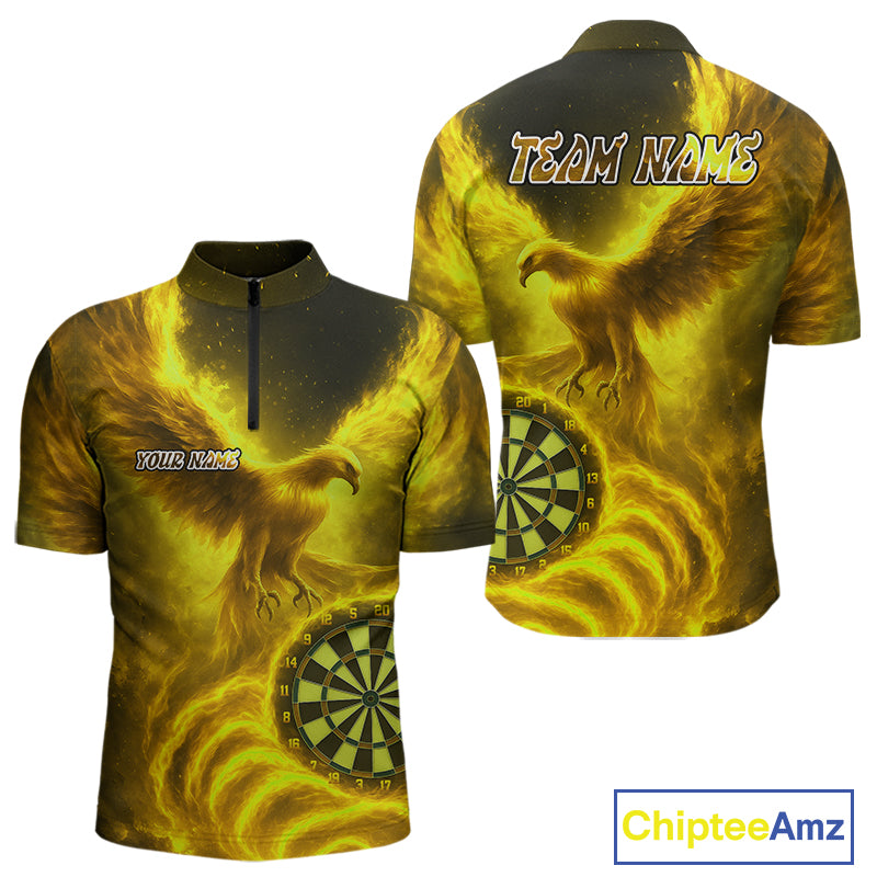 Custom Yellow Flames Phoenix Dartboard Darts Jersey Personalized Darts 1/4-Zip Shirt For Men NYN0970