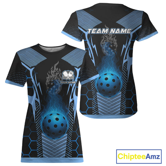 Custom Black & Blue Flaming Pickleball Ball T-Shirt For Women Outfit Pickleball Jersey NYN1347