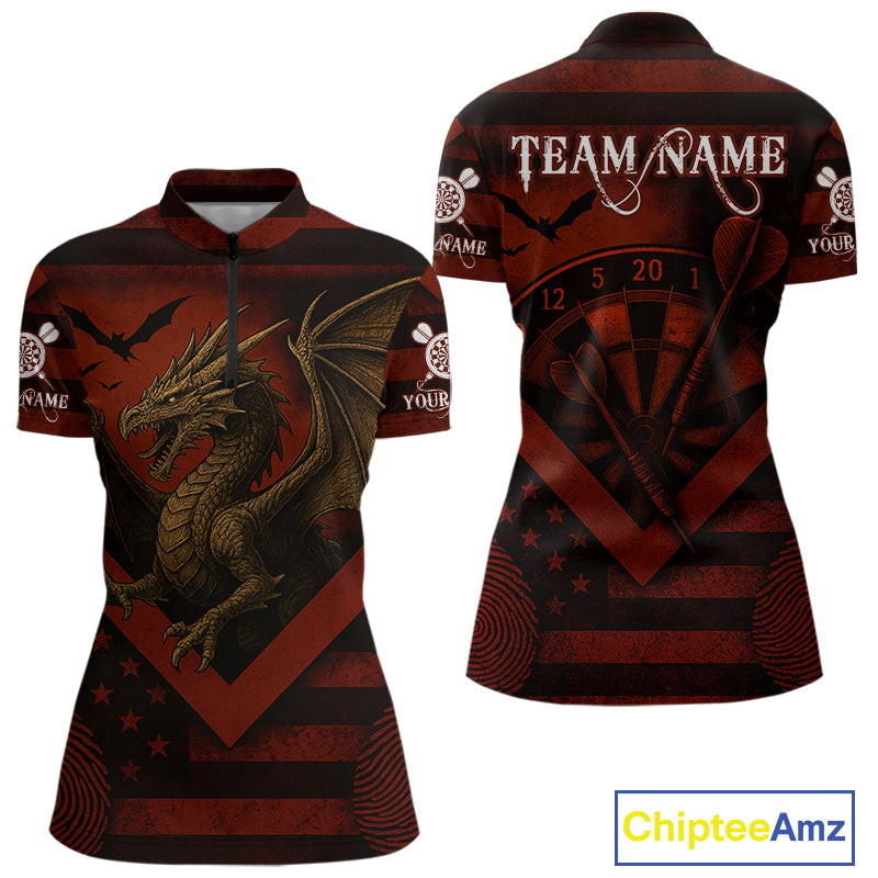 Custom Red Grunge Dragon Dartboard Dart 1/4-Zip Shirt For Women Outfit Dart Team Jersey NYN1363