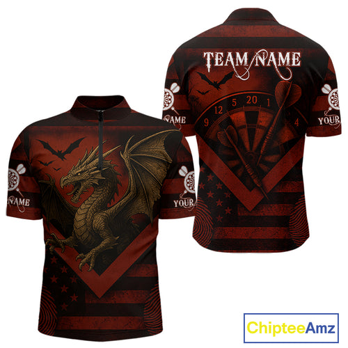 Custom Red Grunge Dragon Dartboard Dart 1/4-Zip Shirt For Men Outfit Dart Team Jersey NYN1363