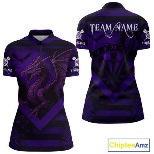 Custom Purple Grunge Dragon Dartboard Dart 1/4-Zip Shirt For Women Outfit Dart Team Jersey NYN1364