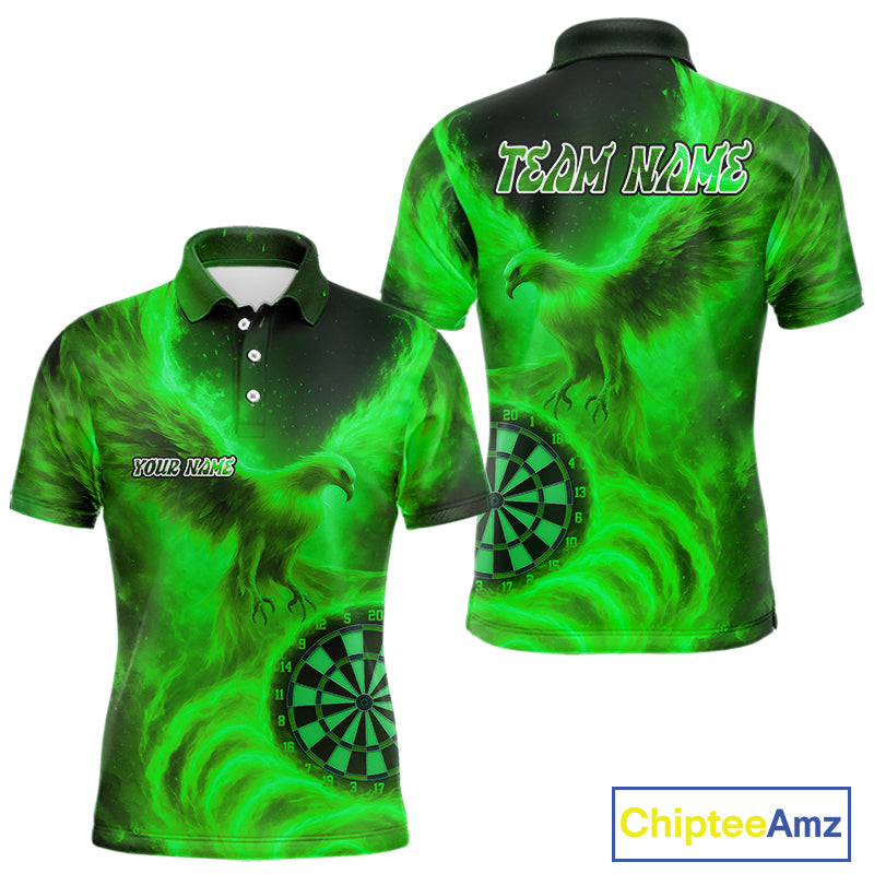 Men's Darts Polo Shirt Personalized Flaming Phoenix Dartboard Darts Jersey | Green NYN1027