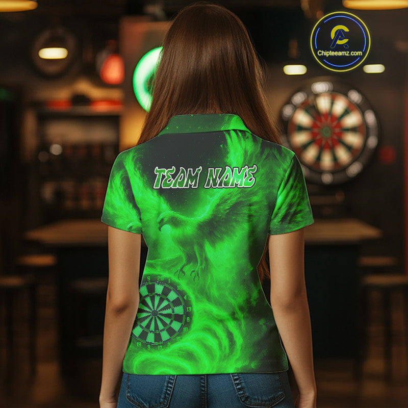 Women's Darts Polo Shirt Personalized Flaming Phoenix Dartboard Darts Jersey | Green NYN1027