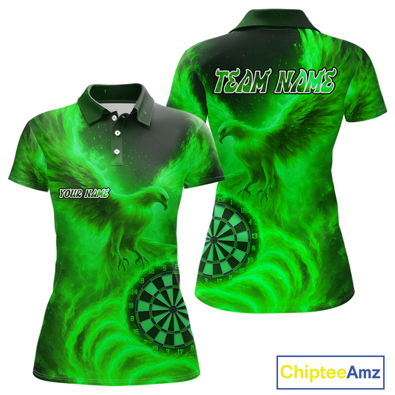 Women's Darts Polo Shirt Personalized Flaming Phoenix Dartboard Darts Jersey | Green NYN1027
