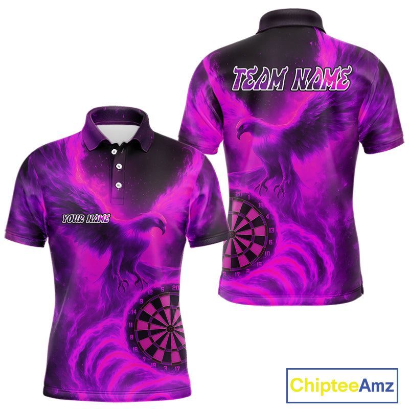 Men's Darts Polo Shirt Personalized Flaming Phoenix Dartboard Darts Jersey | Pink NYN1028