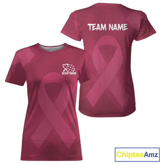 Custom Pink Ribbon Pickleball T-Shirt For Women Breast Cancer Awareness Pickleball Jersey NYN1376