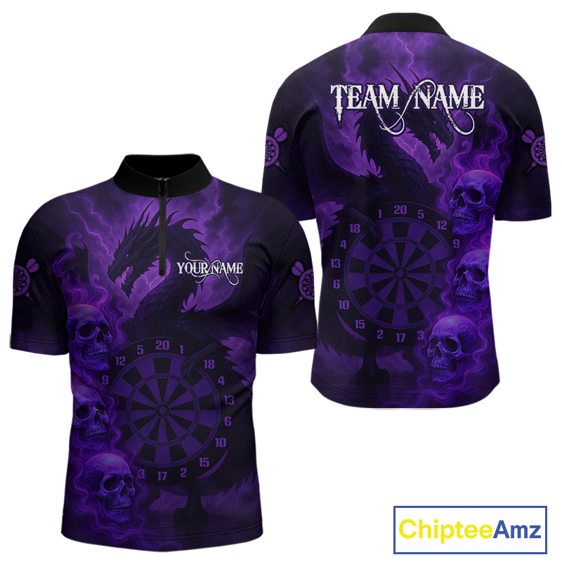 Custom Skull Dragon Purple Dartboard Men Polo & 1/4-Zip Dart Shirt, Darts Team Jerseys NYN1090