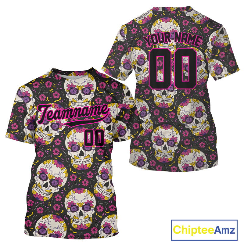 Custom Black And Pink Skull Halloween Baseball Jersey For Men Creepy Baseball Jersey  NYN1286