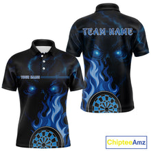Load image into Gallery viewer, Custom Black And Blue Flames Skull Dartboard Polo Dart Shirt For Men Outfit Dart Team Jerseys NYN0925