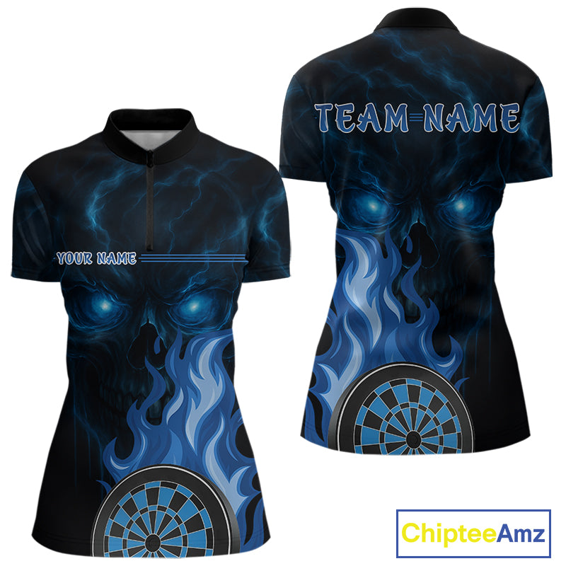 Custom Black And Blue Flames Skull Dartboard 1/4-Zip  Dart Shirt For Women Outfit Dart Team Jerseys NYN0925