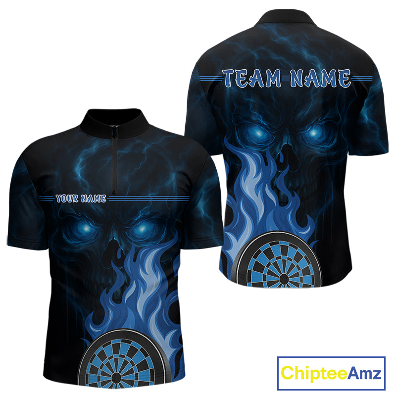 Custom Black And Blue Flames Skull Dartboard 1/4-Zip Dart Shirt For Men Outfit Dart Team Jerseys NYN0925