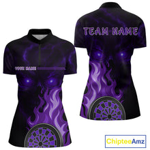 Load image into Gallery viewer, Custom Black And Purple Flames Skull Dartboard 1/4-Zip Dart Shirt For Women Outfit Dart Team Jerseys NYN0927