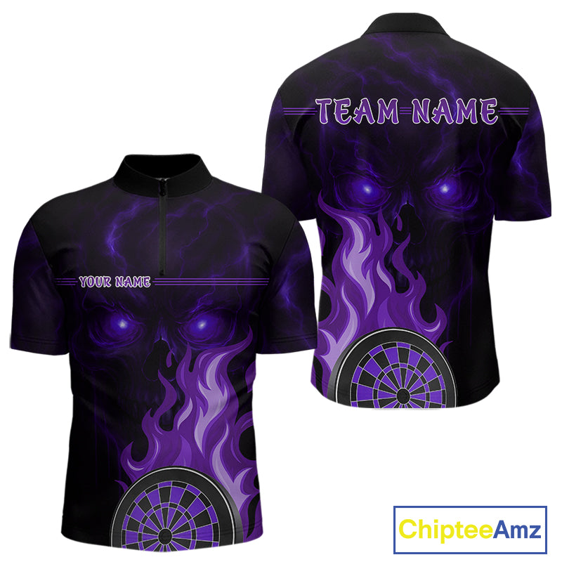 Custom Black And Purple Flames Skull Dartboard 1/4-Zip Dart Shirt For Men Outfit Dart Team Jerseys NYN0927