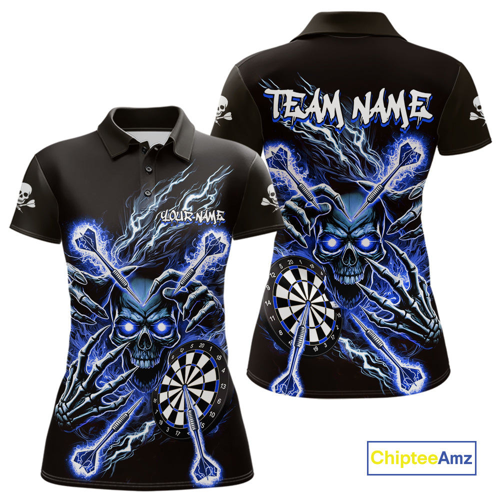 Personalized Blue Skeleton Thunder Lightning Women Dart Polo Shirts Skull Dart Jerseys NYN2120