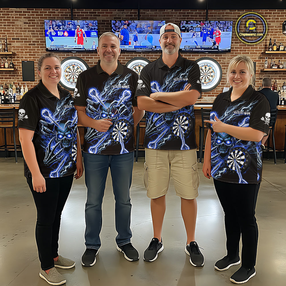 Personalized Blue Skeleton Thunder Lightning Women Dart Polo Shirts Skull Dart Jerseys NYN2120