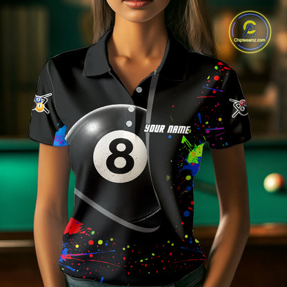 Colorful Splatter 8 Ball Pool Women Billiard Polo & 1/4-Zip Shirt Custom Billiards Balls Attire NYN2392