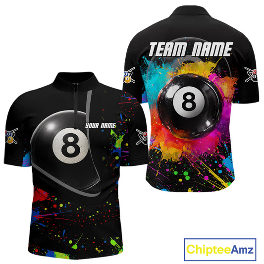 Colorful Splatter 8 Ball Pool Men Billiard Polo & 1/4-Zip Shirt Custom Billiards Balls Attire NYN2392